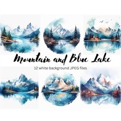 Mountain and Blue Glacier Lake Clipart Bundle, High Quality JPEGs, Landscape Clipart, Digital Download, Card Making, Wal