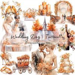 Terracotta Wedding Day Clipart Bundle, Transparent PNG, Bride Groom Card Making, Digital Download, Scrapbooking Junk Jou