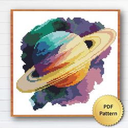 Watercolor Saturn Cross Stitch Pattern. Space Galaxy Cross Stitch Decor.