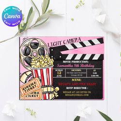 Movie Invitation, Movie Birthday Invitation, Movie Birthday, Movie Party, Movie Card, Movie themes party