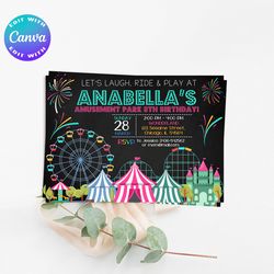 amusement park invitation, amusement park birthday invitation, amusement park party, carnival invitation, circus invites