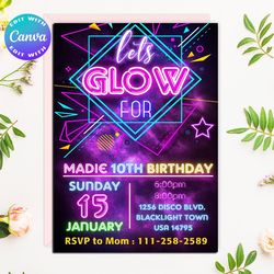 glow party invitation, glow party invites, glow party, glow birthday party, glow in the dark invitation