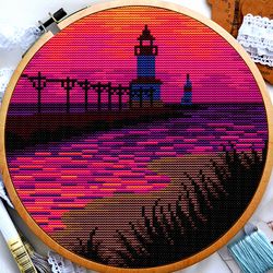 Michigan cross stitch, USA cross stitch, Landscape cross stitch, Lighthouse cross stitch, Lake cross stitch, Sunset cross stitch,Digital PDF