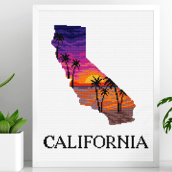 Silhouette California cross stitch pattern, US states cross stitch, Tropical beach cross stitch, Sunset cross stitch, Digital download PDF