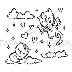 pussicat on cloud valentine monochrome vector illustration set