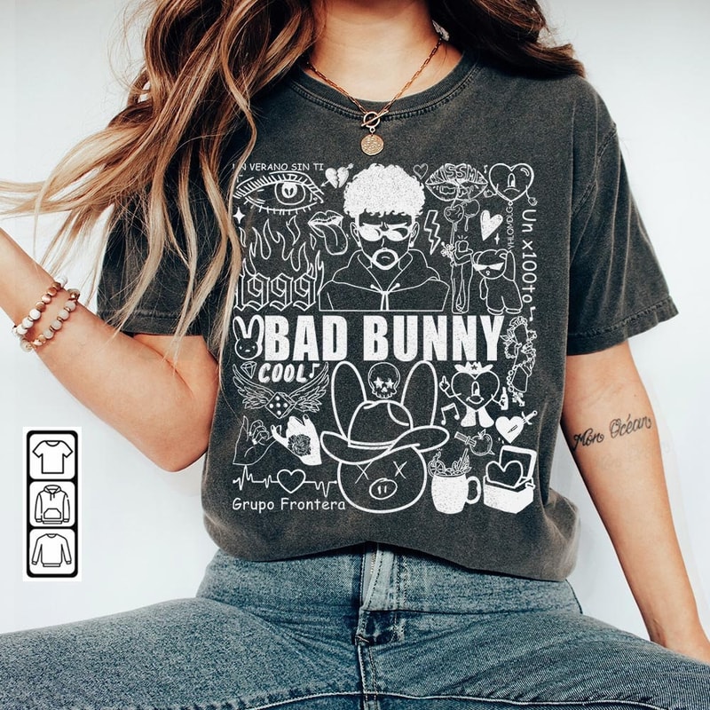 Bad Bunny Doodle Art Shirt, Vintage Bad Bunny Un X100to Lyric Merch Sweatshirt Hoodie, Retro Bad Bunny Tattoo Tour 2023 DA0305DT - 1.jpg