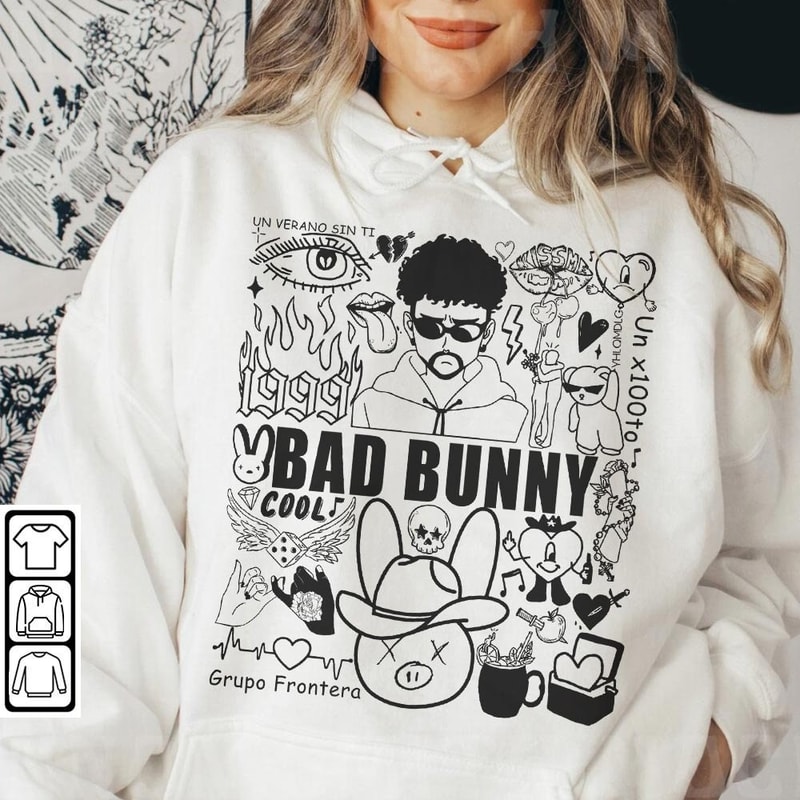 Bad Bunny Doodle Art Shirt, Vintage Bad Bunny Un X100to Lyric Merch Sweatshirt Hoodie, Retro Bad Bunny Tattoo Tour 2023 DA0305DT - 4.jpg
