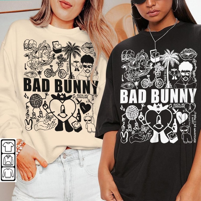 Bad Bunny Doodle Art Shirt, Vintage Bad Bunny Un X100to Lyrics Merch Sweatshirt Hoodie, Retro Bad Bunny Tattoo Tour 2023 DA0305DT - 2.jpg
