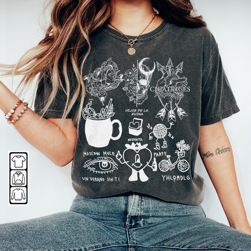 Bad Bunny Doodle Art Shirt, Vintage Bad Bunny Un X100to Lyrics Merch Tee Sweatshirt Hoodie, Retro Bad Bunny Tattoo Tour 2023 DA0305DT - 1.jpg