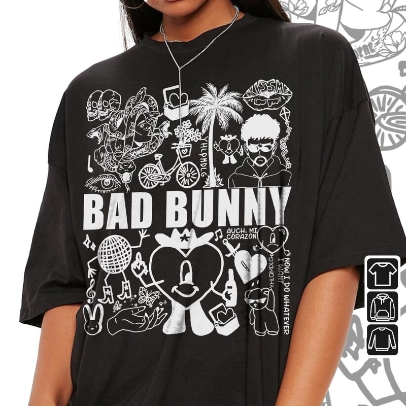 Bad Bunny Doodle Art Shirt, Vintage Bad Bunny Un X100to Lyrics Merch Sweatshirt Hoodie, Retro Bad Bunny Tattoo Tour 2023 DA0305DT - 3.jpg