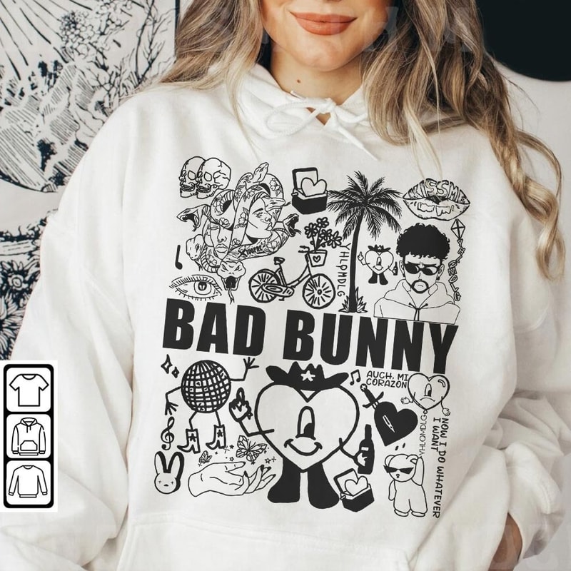 Bad Bunny Doodle Art Shirt, Vintage Bad Bunny Un X100to Lyrics Merch Sweatshirt Hoodie, Retro Bad Bunny Tattoo Tour 2023 DA0305DT - 4.jpg