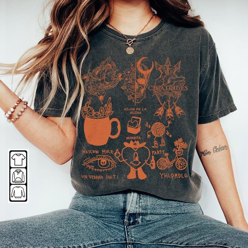 Bad Bunny Doodle Art Shirt, Vintage Bad Bunny Un X100to Lyrics Merch Tee Sweatshirt Hoodie, Retro Bad Bunny Tattoo Tour 2023 DA1205DT - 2.jpg