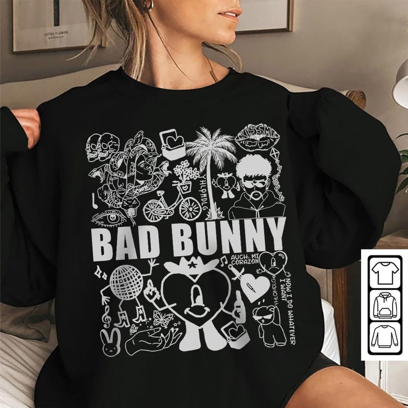 Bad Bunny Doodle Art Shirt, Vintage Bad Bunny Un X100to Lyrics Merch Sweatshirt Hoodie, Retro Bad Bunny Tattoo Tour 2023 DA0305DT - 5.jpg