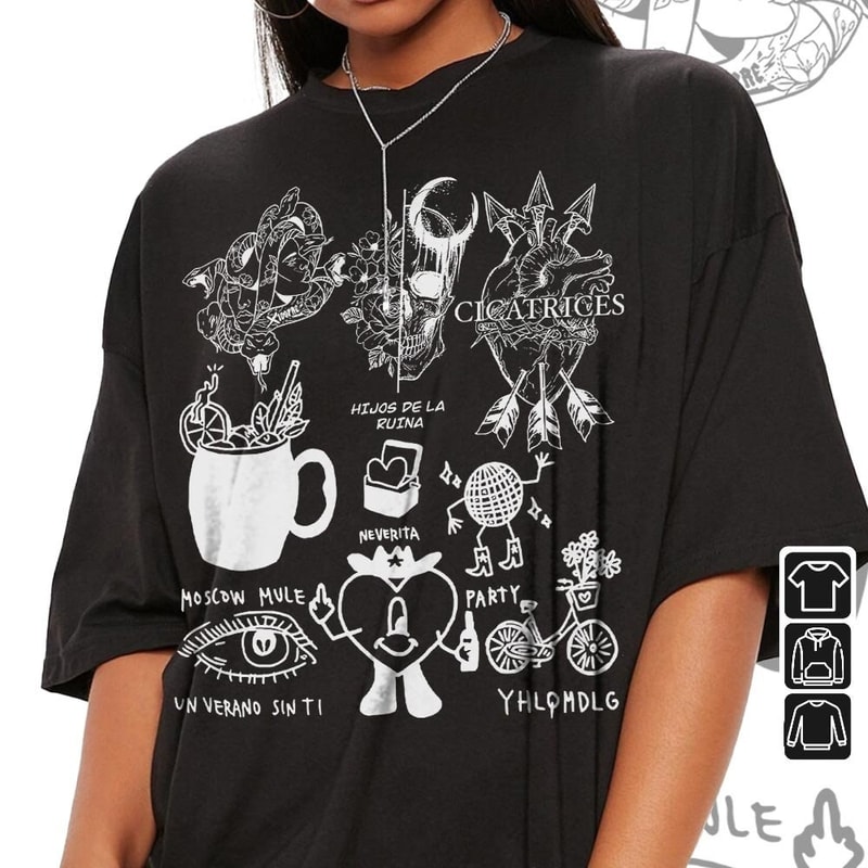 Bad Bunny Doodle Art Shirt, Vintage Bad Bunny Un X100to Lyrics Merch Tee Sweatshirt Hoodie, Retro Bad Bunny Tattoo Tour 2023 DA0305DT - 3.jpg