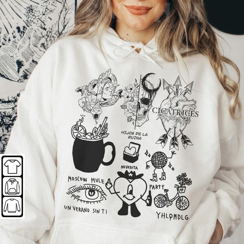 Bad Bunny Doodle Art Shirt, Vintage Bad Bunny Un X100to Lyrics Merch Tee Sweatshirt Hoodie, Retro Bad Bunny Tattoo Tour 2023 DA0305DT - 4.jpg