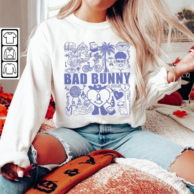 Bad Bunny Doodle Art Shirt, Vintage Bad Bunny Un X100to Lyrics Merch Sweatshirt Hoodie, Retro Bad Bunny Tattoo Tour 2023 DA1205DT - 5.jpg