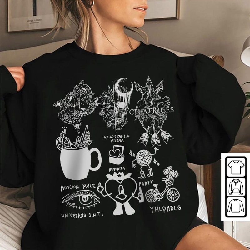 Bad Bunny Doodle Art Shirt, Vintage Bad Bunny Un X100to Lyrics Merch Tee Sweatshirt Hoodie, Retro Bad Bunny Tattoo Tour 2023 DA0305DT - 5.jpg