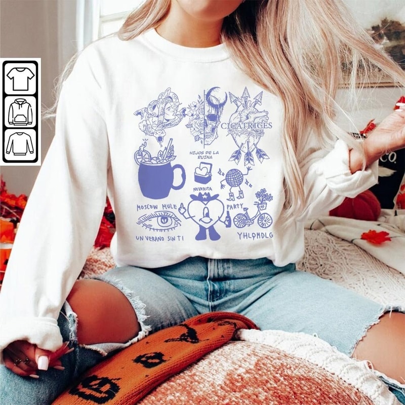 Bad Bunny Doodle Art Shirt, Vintage Bad Bunny Un X100to Lyrics Merch Tee Sweatshirt Hoodie, Retro Bad Bunny Tattoo Tour 2023 DA1205DT - 5.jpg