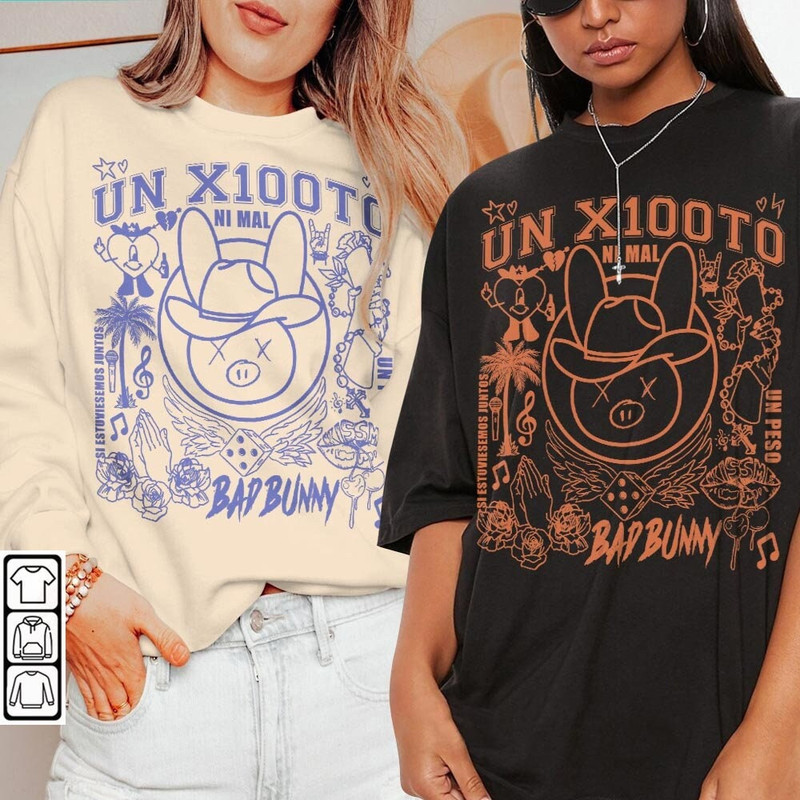 Bad Bunny Doodle Art Shirt, Vintage Un X100to Lyrics Merch Tee Sweatshirt Hoodie, Retro Bad Bunny Tattoo Tour 2023 DA1205DT - 1.jpg