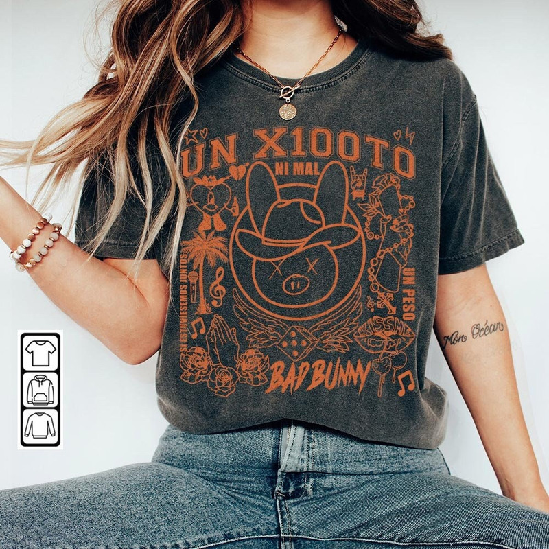Bad Bunny Doodle Art Shirt, Vintage Un X100to Lyrics Merch Tee Sweatshirt Hoodie, Retro Bad Bunny Tattoo Tour 2023 DA1205DT - 2.jpg
