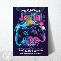 Personalized File Video Game Party Invitation | Printable Gamer Birthday Invite | Green Blue Glow Invite| Digital PNG