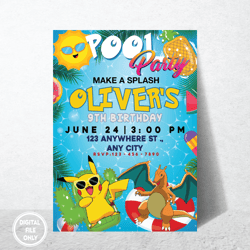 Personalized File Pokemone Birthday Invitation Digital, Pikachu Party Invite, Summer Pool Party Invitation| Digital PNG