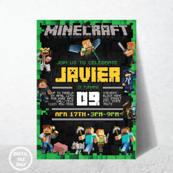 Personalized File Minecrafter Birthday Invitations, Printable Minecraft Birthday Invitation, Mine Invite| Digital PNG