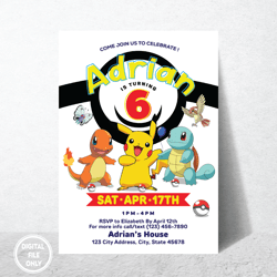 Personalized File Pikachu Birthday Invitation, Pokemon Invitation, Pokemon Birthday Invitation, Pokemon Inv| Digital PNG
