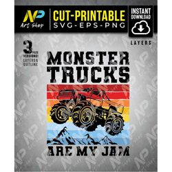 monster trucks svg, vintage monster truck, are my jam, retro sunset, svg for cricut