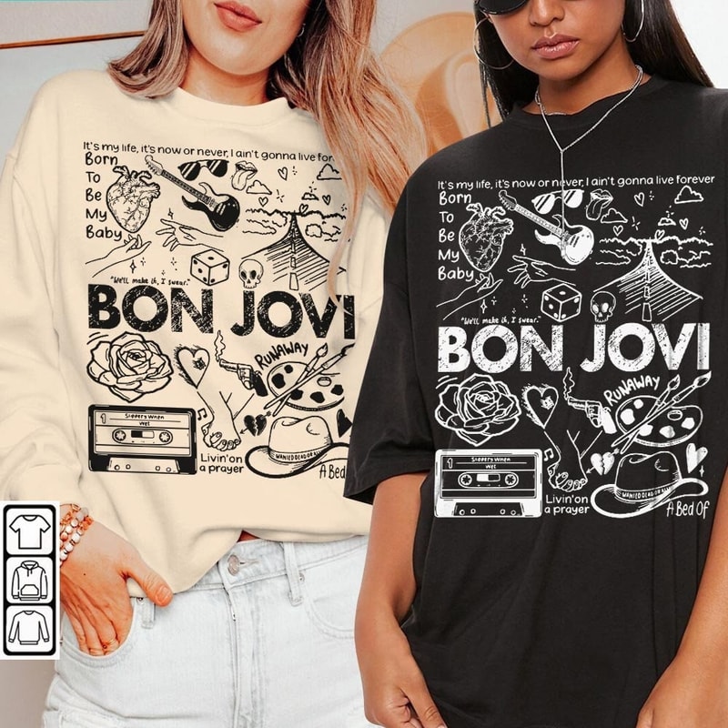 Bon Jovi Doodle Art Shirt, Vintage Bon Jovi Album Lyric Art Tattoo Sweatshirt Hoodie Tour 2023 Concert DA3005DT - 2.jpg