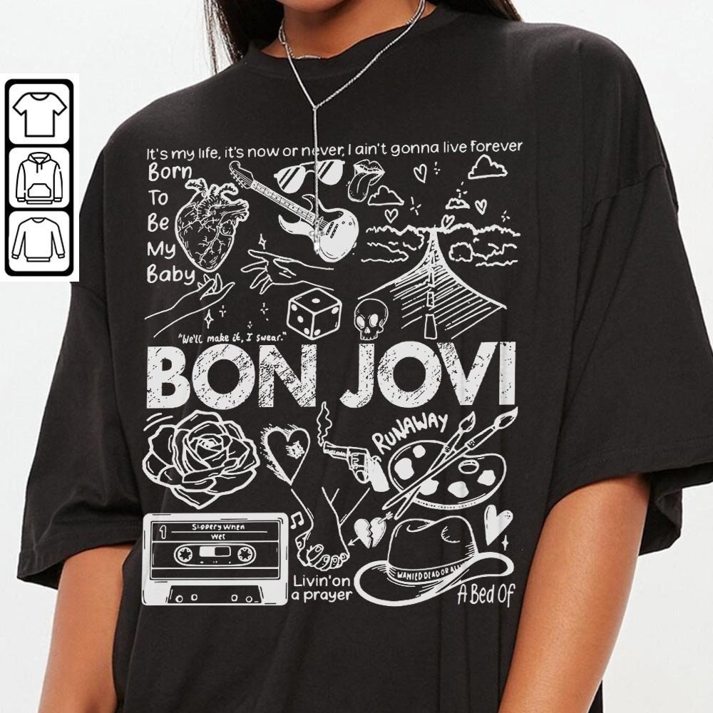 Bon Jovi Doodle Art Shirt, Vintage Bon Jovi Album Lyric Art Tattoo Sweatshirt Hoodie Tour 2023 Concert DA3005DT - 3.jpg