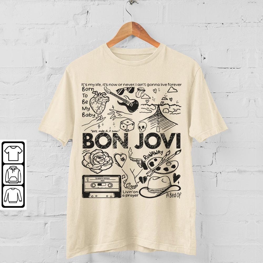 Bon Jovi Doodle Art Shirt, Vintage Bon Jovi Album Lyric Art Tattoo Sweatshirt Hoodie Tour 2023 Concert DA3005DT - 4.jpg