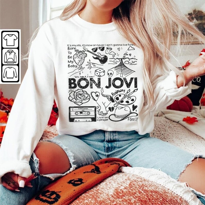 Bon Jovi Doodle Art Shirt, Vintage Bon Jovi Album Lyric Art Tattoo Sweatshirt Hoodie Tour 2023 Concert DA3005DT - 5.jpg
