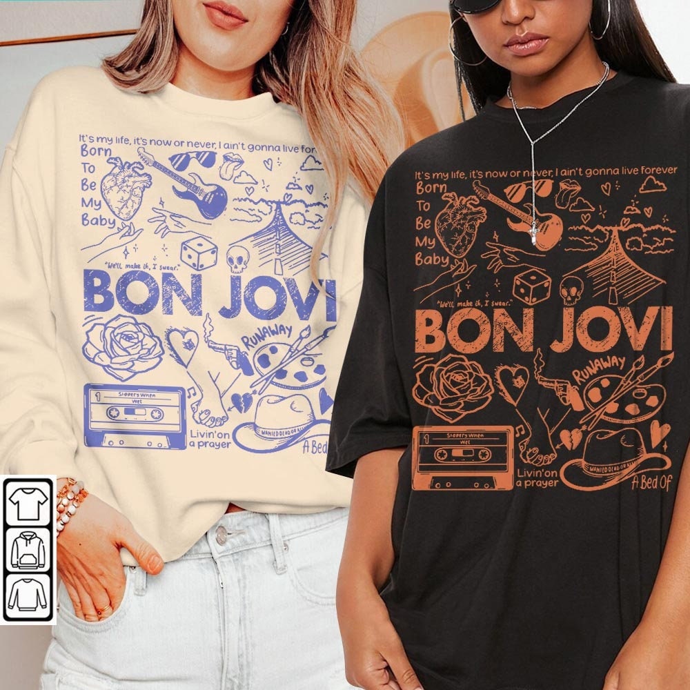 Bon Jovi Doodle Art Shirt, Vintage Bon Jovi Album Lyric Art Tattoo Sweatshirt Hoodie Tour 2023 Concert V1 DA3005DT - 1.jpg
