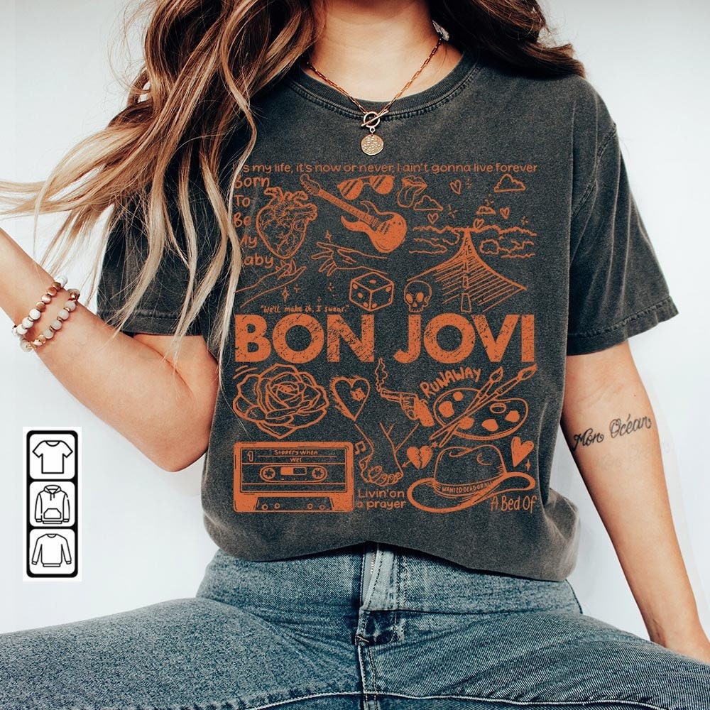 Bon Jovi Doodle Art Shirt, Vintage Bon Jovi Album Lyric Art Tattoo Sweatshirt Hoodie Tour 2023 Concert V1 DA3005DT - 2.jpg