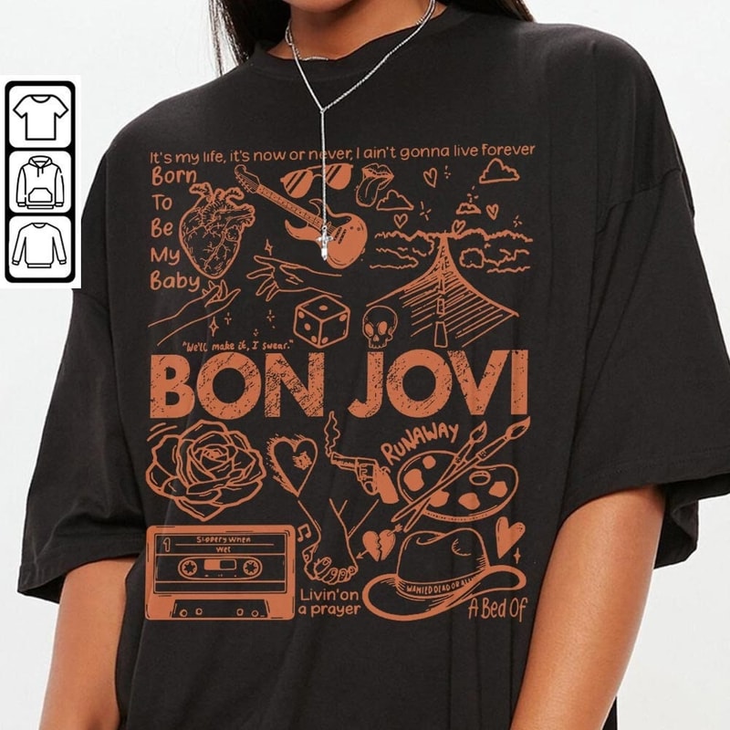 Bon Jovi Doodle Art Shirt, Vintage Bon Jovi Album Lyric Art Tattoo Sweatshirt Hoodie Tour 2023 Concert V1 DA3005DT - 3.jpg