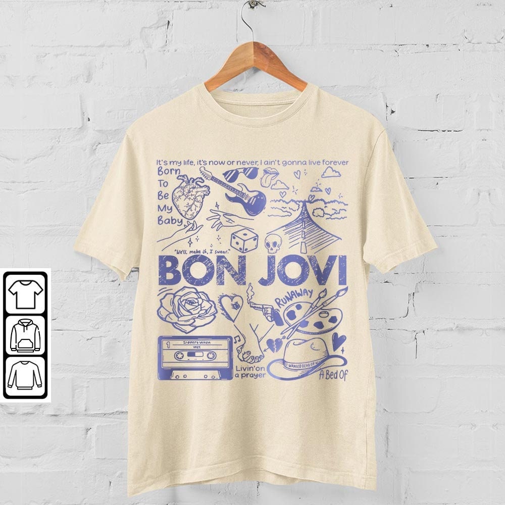 Bon Jovi Doodle Art Shirt, Vintage Bon Jovi Album Lyric Art Tattoo Sweatshirt Hoodie Tour 2023 Concert V1 DA3005DT - 4.jpg