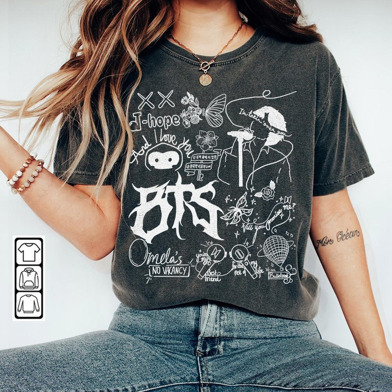 BTS Doodle Art Shirt, Vintage BTS Album Lyrics Art Tattoo Sweatshirt Hoodie, Retro BTS Tour 2023 Concert DA3005DT - 1.jpg