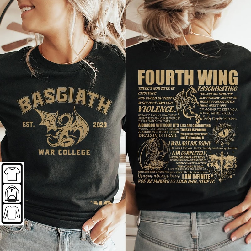 Fourth Wing Dragon Rider Doodle Art Shirt, 2 Side Retro Fourth Wing Dragon Rider Basgiath War College Book Art Sweatshirt Tattoo V1 DA86DT - 1.jpg