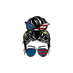 american mom bun png, independence day png, mothers day png, sunglasses headband messy bun png, patriotic png, messy bun