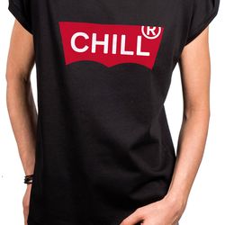 cool ladies t-shirt with print, chill, slogan shirt, parody shirt, loose fit, large sizes, black, size xs to 5xl