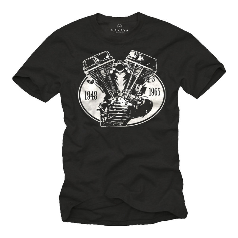 Cool Motorcycle T-Shirt for Men with white V2 Engine print, black S-XXXXXL - 1.jpg