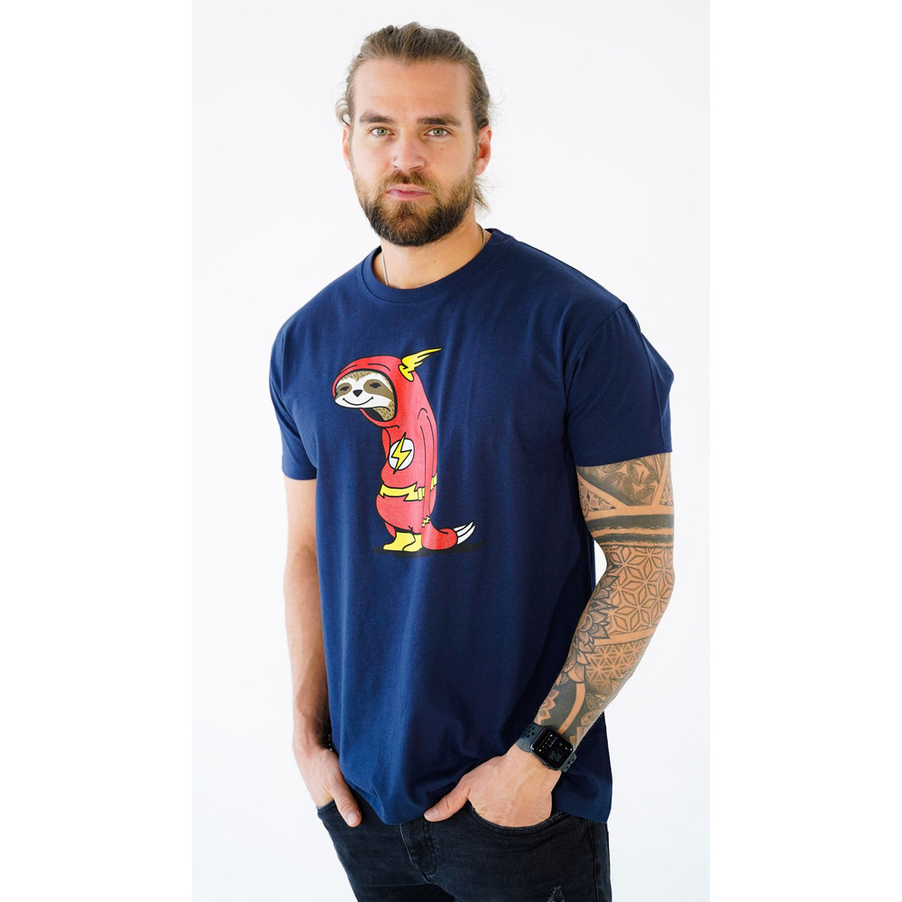 Funny men's T-shirt with print, flash sloth, blue, cool nerd gift for him - large sizes, round neck, S - 5XL - 3.jpg