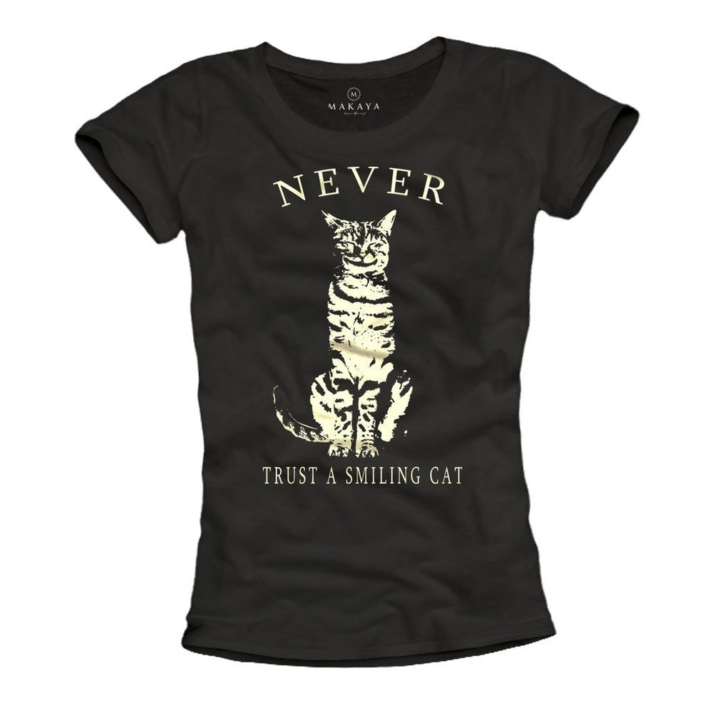 Funny Womens Cat T-Shirt with slogen - Never trust a smiling cat - black Summer Top with print SML - 1.jpg