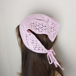 Pink kerchief crochet Summer headscarf for women Handknit kerchief Handmade lace bandana