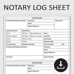 Printable Notary Public Log Sheet, Notary Record Tracker, Detailed Notary Transactions Journal, Editable Template