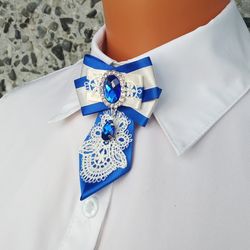 Blue white neck bow for women Collar bow brooch Bow tie pin with blue crystal Vintage style bow brooch tie