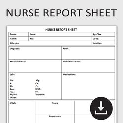 Printable Nurse Report Sheet, Patient Care Tracker, Nursing Shift Organizer, Medical Care Record, Editable Template
