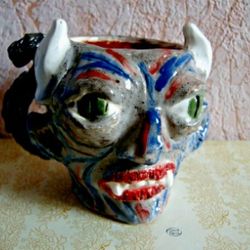 Ceramic Mug Art Face Devil Handmade Stoneware Clay Pottery Glazed Vase