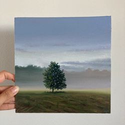 Original Tree Painting, Oil On Canvas, Fog Oil Painting, Foggy Landscape Painting, Meadow Wall Decor, Moody Painting